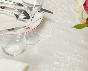 Wholesale Customized Modern Cotton Embroidered Pretty White Flower & Ribbon Durable Full Sizes Washable Tablecloth - Product Image 3