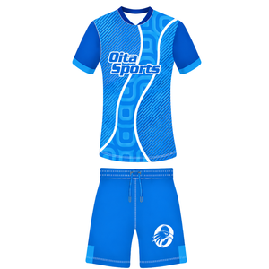 Ensemble short et maillot de rugby bleu roi et blanc, manches courtes, col en V, motif géométrique, uniforme d'équipe personnalisé, respirant, pour entraînement sportif - Product Image 1