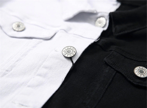Men's Black And White Color Blocking <b>Denim</b> Jacket Turn-down Collar Single Breasted Casual Slim Fit Cotton <b>Material</b> - Product Image 3
