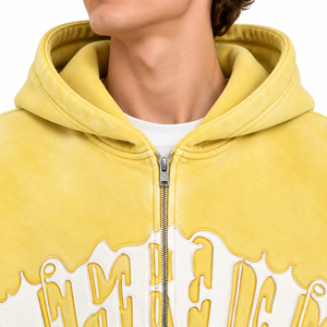 Men’s <b>Yellow</b> Garment Dyed Graphic Zip Up <b>Hoodie</b> Wide Leg Jogger Set Premium Streetwear Tracksuit - Product Image 5