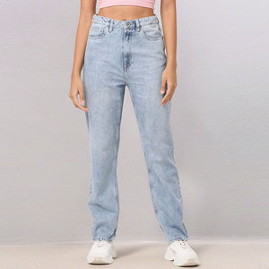 Jeans de Mezclilla Azul Claro de Cintura Alta para Mujer, Pantalones Casuales de Algodón Lavado a la Piedra con Cinco Bolsillos, Corte Regular y Cierre de Botones - Product Image 1