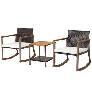 Set di 3 Sedie a Dondolo in Rattan con Tavolino e Cuscini per l'Intrattenimento in Giardino - Product Image 1
