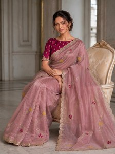 Royal Glow Satin Sequence Embroidery Saree All-Over Buttas Premium Heavy Border Fully <b>Stitched</b> Wrinkle Free Quick Dry - Product Image 3