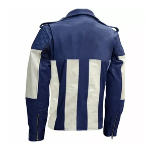 Blouson de moto en cuir pour homme, bleu et blanc, à blocs de couleur, manches longues, coupe-vent, toutes saisons - Product Image 3