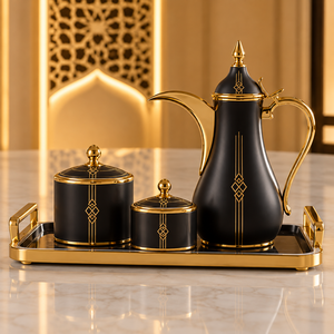 Ensemble théière et plateau de service en métal doré avec motif palmier, style moyen-oriental, résistant à la chaleur - Product Image 3