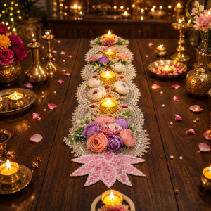 Pink Lotus Diya Table Runner Handmade Pearl Candle Holder Wedding <b>Mandir</b> Pooja Festival Home Decor Centerpiece - Product Image 1