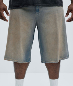 Shorts en jean délavé pour homme, taille mi-haute, coupe droite, décontracté, été, en coton, lavable, avec poches - Product Image 1