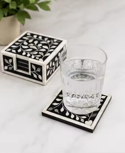 <b>Black</b> and White Leaf Pattern Square Handmade Bone Inlay <b>Coaster</b> Set From REHMAN CRAFT - Product Image 2