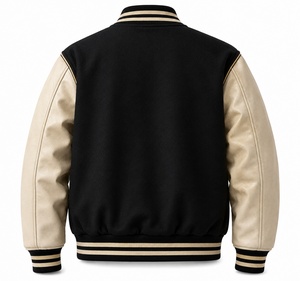 <b>Men's</b> Varsity <b>Jacket</b> with Black body Cream <b>Leather</b> sleeves Embroidered Patch Design Preppy Style Autumn Wear Varsity <b>Jacket</b> - Product Image 6