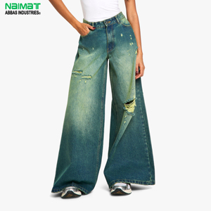 Women High Waist Wide Leg Denim Jeans Distressed Ripped Loose Fit Tinted Wash Cotton Vintage Streetwear Pants - Product Image 1
