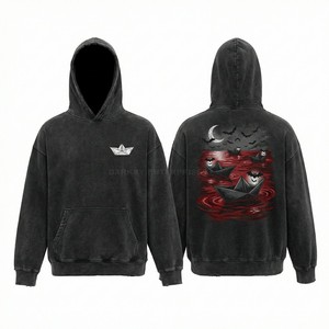 Custom Charcoal Acid Wash Hoodie Men Vintage Origami Paper Boat Graphic Sweatshirt Horror Theme Streetwear Hoodie Manufacturer - Product Image 1