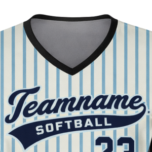 Maillot de softball en sublimation intégrale, bleu crème à rayures fines, col en V, manches noires, uniforme d'équipe personnalisé avec numéro au dos - Product Image 4