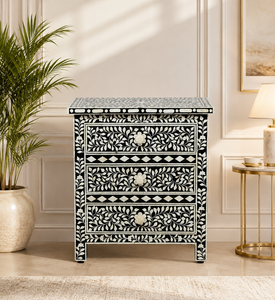 Bone Inlay Nightstand 2 Drawer Bedside <b>Table</b> Black <b>White</b> Wood Storage Cabinet for Bedroom Living Room - Product Image 1