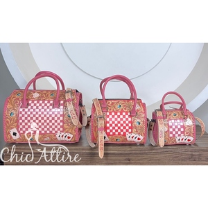 2026 Factory Direct Hand Tooled Leather Large Size Speedy Bag Floral & Card Design With Pink & White Checkered Duffle Travel Bag - Product Image 1
