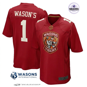 เสื้อฟุตบอลอเมริกันสีแดงสำหรับผู้ชาย WASONS INTERNATIONAL คอวี พิมพ์ลายแบบ Sublimated ระบายเหงื่อได้ดี แขนสั้น ทรงพอดีตัว - Product Image 1