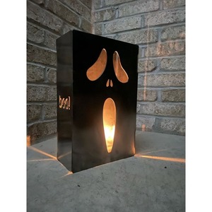 Porte-bougie fantôme en métal noir avec motif Boo, décoration d'Halloween, extérieur, fonctionne à piles, pour adultes - Product Image 1