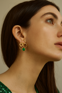 Handmade Anti-Tarnish <b>Dalmatian</b> Jasper Geometric Textured Brass Circles Gold Plated Statement Stud Earrings - Product Image 2