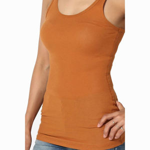 Débardeur en maille froncé pour femme, col rond, couleur unie, décontracté, respirant, mélange coton élasthanne, orange, style long - Product Image 2