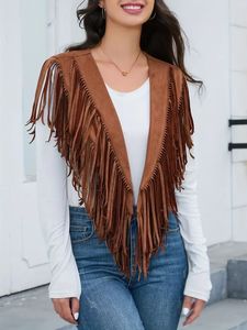 Chaleco de Cuero Marrón para Mujer con Flecos, Manga Larga, Color Sólido, para Invierno, Antibacterial, Resistente al Viento, Transpirable y Duradero - Product Image 4
