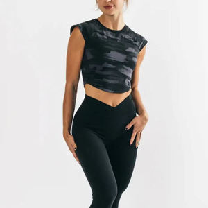 Women's Black Camo Print Crop <b>Top</b> Drop Shoulder O-Neck Quick Dry Anti-Wrinkle Breathable Sporty Fit Knitted Canvas 100% Cotton - Product Image 1