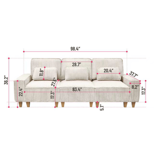 Deep Seat 3-Seater Modern Comfort Corduroy <b>Sofa</b> with Brushed Stainless Steel Cup Holders 3 Decorative <b>Pillows</b> for Living Room - Product Image 4