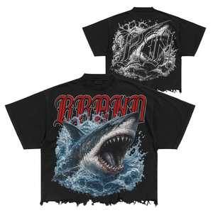 เสื้อยืดโอเวอร์ไซส์สีดำสำหรับผู้ชาย พิมพ์ลายกราฟิกฉลาม สไตล์สตรีท คอกลม แขนสั้น ผ้าคอตตอนเจอร์ซีย์ ทรงบ็อกซี่ ชายเสื้อแบบดิบ - Product Image 6