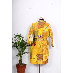 Robe longue kimono en soie Kantha, style bohème, faite à la main, imprimé multicolore, style jardin botanique, paradis d'été, robe unisexe, peignoir, tenue - Product Image 6