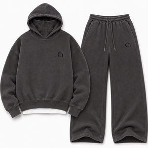 Men's Washed <b>Charcoal</b> Solid Hoodies Customize Balaclava Pullover Heavyweight Fleece Oversized Wide Leg <b>Joggers</b> OEM Boutique Sets - Product Image 5