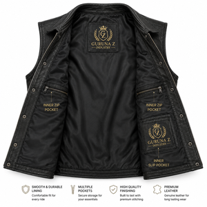 Chaleco sin Mangas para Hombre GURUNA Z INDUSTRY, Negro, de PU, Resistente al Viento, con Logotipo Grabado en Relieve en la Parte Delantera, para Motociclismo, para Todas las Estaciones - Product Image 2