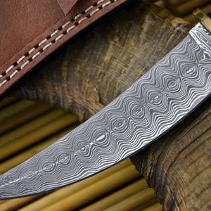 Couteau à lame fixe en acier Damas, couteau de chasse à pointe tombante, épaisseur de 0,6 mm, manche en bois - Product Image 5