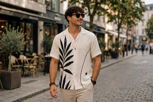 Camisa Casual para Hombre, Corte Holgado, Manga Corta, Cuello Camisero, Botones, Tela Espigada 100% Poliéster, Estampado de Hojas Negras - Product Image 4