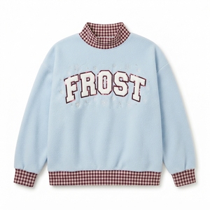 <b>Women's</b> Light Blue Fleece Mockneck <b>Sweatshirt</b> with <b>Red</b> Gingham Trim and Glitter Frost Lettering Front Sequined Design Winter Wea - Product Image 1
