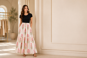 Ensemble jupe longue évasée à volants et haut en coton décontracté pour femme, motif floral, de haute qualité, écologique, style bohème, deux pièces, tenue de détente - Product Image 4