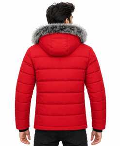 <b>Men's</b> Red Hooded Canvas Puffer Jacket <b>Winter</b> Thick <b>Waterproof</b> Windproof <b>Coat</b> with Fur Collar Front Logo Zipper Cotton Lined - Product Image 5