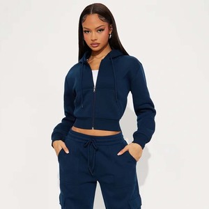 Women's Navy Blue <b>Cropped</b> <b>Zip</b>-<b>Up</b> <b>Hoodie</b> With Full Sleeve Knitted Sweatshirt Autumn Casual Wear - Product Image 1