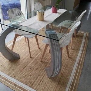 Tapis rectangulaire beige et blanc naturel, en jute naturelle pure, fait main, style rustique, pour salon, chambre, hôtel, bureau, usage commercial. - Product Image 1