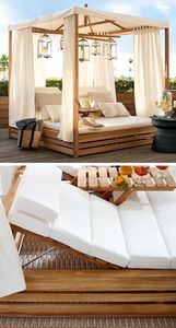 Lit de repos d'extérieur en teck au design mid-century avec rideaux à baldaquin, mobilier de luxe pour hôtel et bord de piscine - Product Image 2