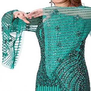 Robe de soirée de luxe vert émeraude perlée, élégante, à manches longues cloche, col illusion transparent, sequins verticaux, pour bal et soirée formelle - Product Image 6