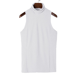Camisetas sin mangas de cuello alto acanaladas 100% algodón a la moda, con logo personalizado, ajustadas, informales, de verano, para hombre, estilo crop top. - Product Image 3