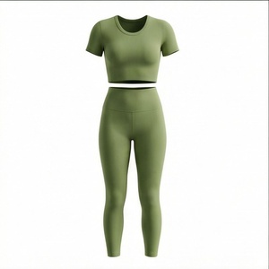 Ensemble de yoga sexy taille haute pour femme, haut court à manches courtes et legging taille haute, tenue de sport deux pièces pour fitness et gym - Product Image 1