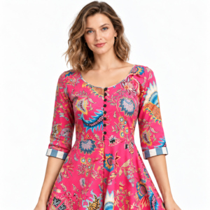 Vestido midi con estampado floral rosa para mujer, cuello redondo, manga tres cuartos, cintura alta, línea A, vestido informal de verano - Product Image 3