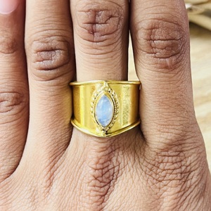 Fashionable Boho Bohemian Wedding <b>Statement</b> <b>Rings</b> Tribal Brass Jewelry Women 18k Gold Plated Wide Moonstone Band Wholesale OEM - Product Image 5