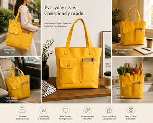 กระเป๋าผ้าแคนวาสสีเหลือง สีพื้น สไตล์มินิมอล ใช้ได้ทุกวัน ทนทาน ใช้งานได้หลากหลาย ดีไซน์เหนือกาลเวลา - Product Image 4