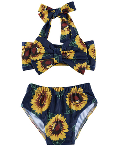 Ensemble bikini 2 pièces pour femme, imprimé tournesol, col licou, devant torsadé, bas taille haute, bretelles croisées en Spandex, maillot de bain extensible - Product Image 1