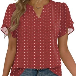Blusa de Gasa para Mujer, Elegante, Color Borgoña, con Textura de Puntos, Cuello con Volantes, Manga Corta con Volantes, Transpirable, para Oficina, Uso Diario - Product Image 1
