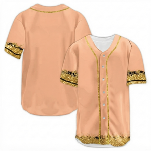 Maillot de baseball unisexe personnalisé, col en V, manches courtes, en maille 100 % polyester, léger, respirant, avec bordure dorée scintillante, pour sport d'équipe, couleur pêche - Product Image 1