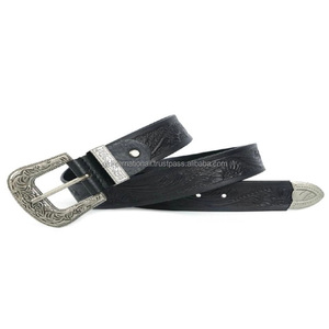 Cinturón de Cuero Occidental Negro de Grano Completo con Grabado Floral Personalizado y Tallado a Mano para Unisex con Hebilla de Diseño de Tres Piezas - Product Image 5