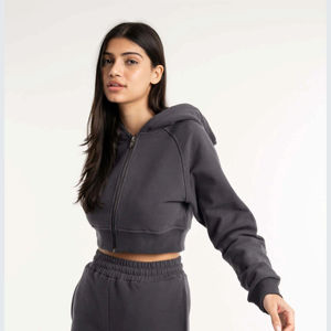 Sudadera con Capucha Corta Gris Oscuro para Mujer, Personalizada al por Mayor, de Manga Larga, Color Sólido, de Forro Polar, para Otoño - Product Image 3