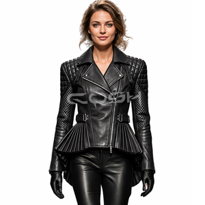 Chaqueta de cuero genuino marrón premium para mujer, estilo motero, corte ajustado, con hombros acolchados, dobladillo plisado tipo peplum y cierre de cremallera - Product Image 5