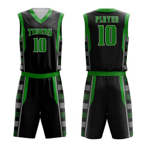 Basketball Uniform Sublimated Jersey Shorts Set Black <b>Green</b> V-Neck Sleeveless Moisture Wicking Unisex Adult Athletic Fit - Product Image 1